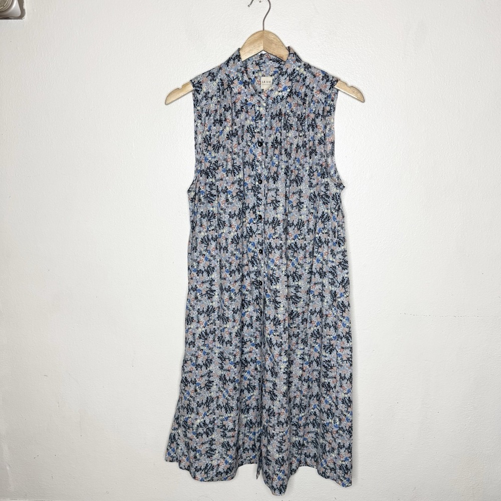 La Vie Rebecca Taylor‎ Blue Floral Sleeveless Button Midi Dress Womens Small